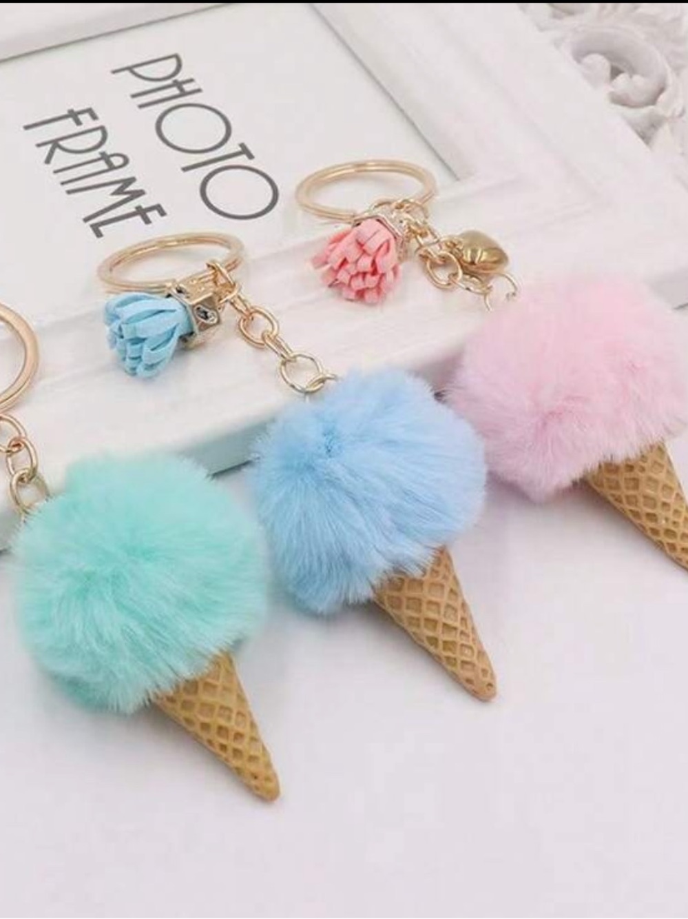 Fluffy Ice Cream Pom bag charm/ Keychain - Pink, Blue, Mint